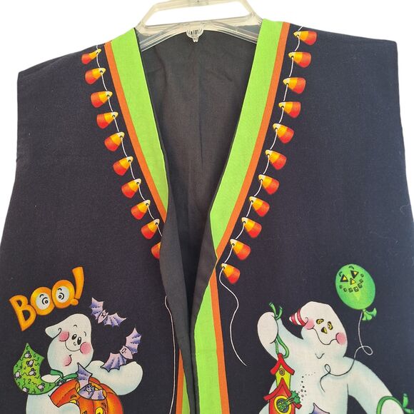 Halloween Vest Whimsical Cotton black orange lime Ghosts Homemade VTG small med - Picture 2 of 11